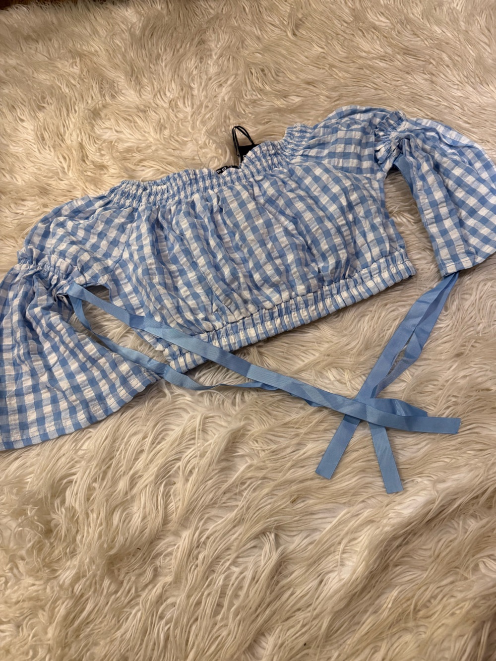 Blue Gingham Off-Shoulder Crop Top (E8)